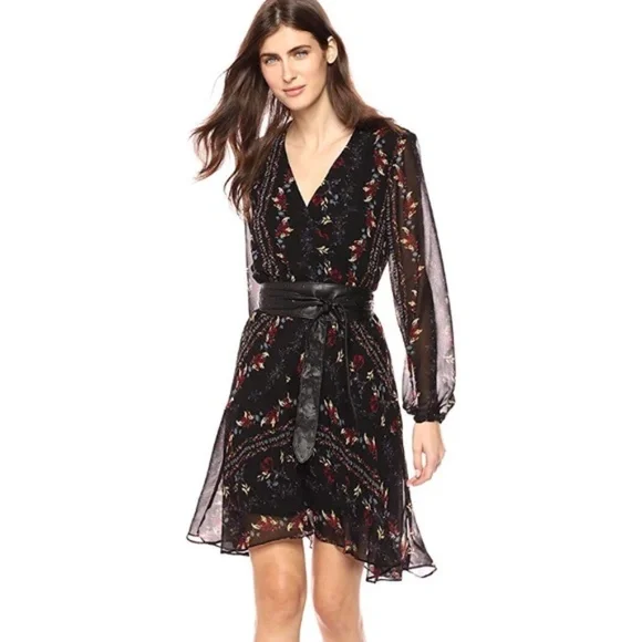 Guess Black Floral Faux Wrap Long Sleeve Mini Dress (no belt) - Picture 2 of 16